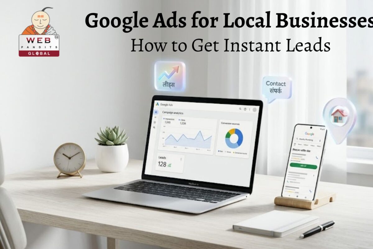 Google Ads for Local Businesses dashboard showing map targeting, analytics, and instant lead generation